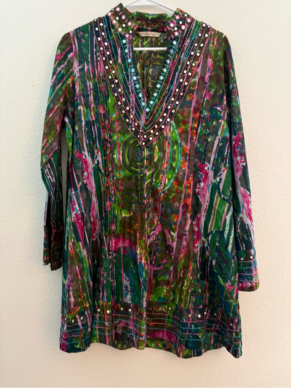 Soft Surroundings Multicolor Beaded V-Neck Tunic — Blue, Pink, Green